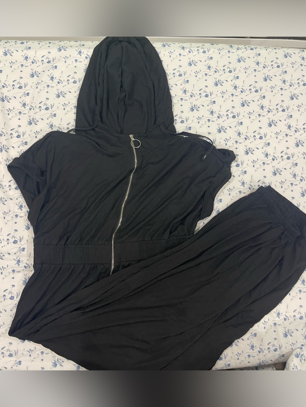 SHEIN Curve Black Hooded Zip Jumpsuit
